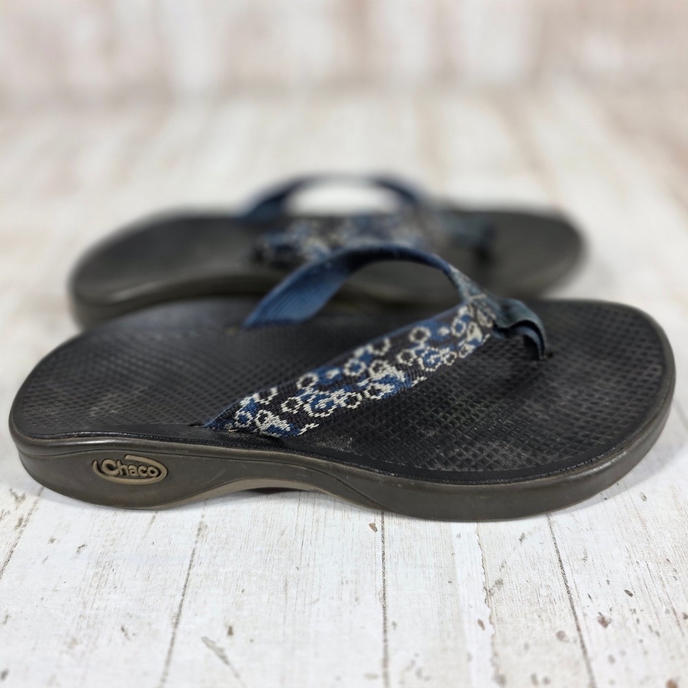 Chaco Womens Flip Flop Sandals Blue Grey Geometric LUVSEAT Footbed Thong Shoes